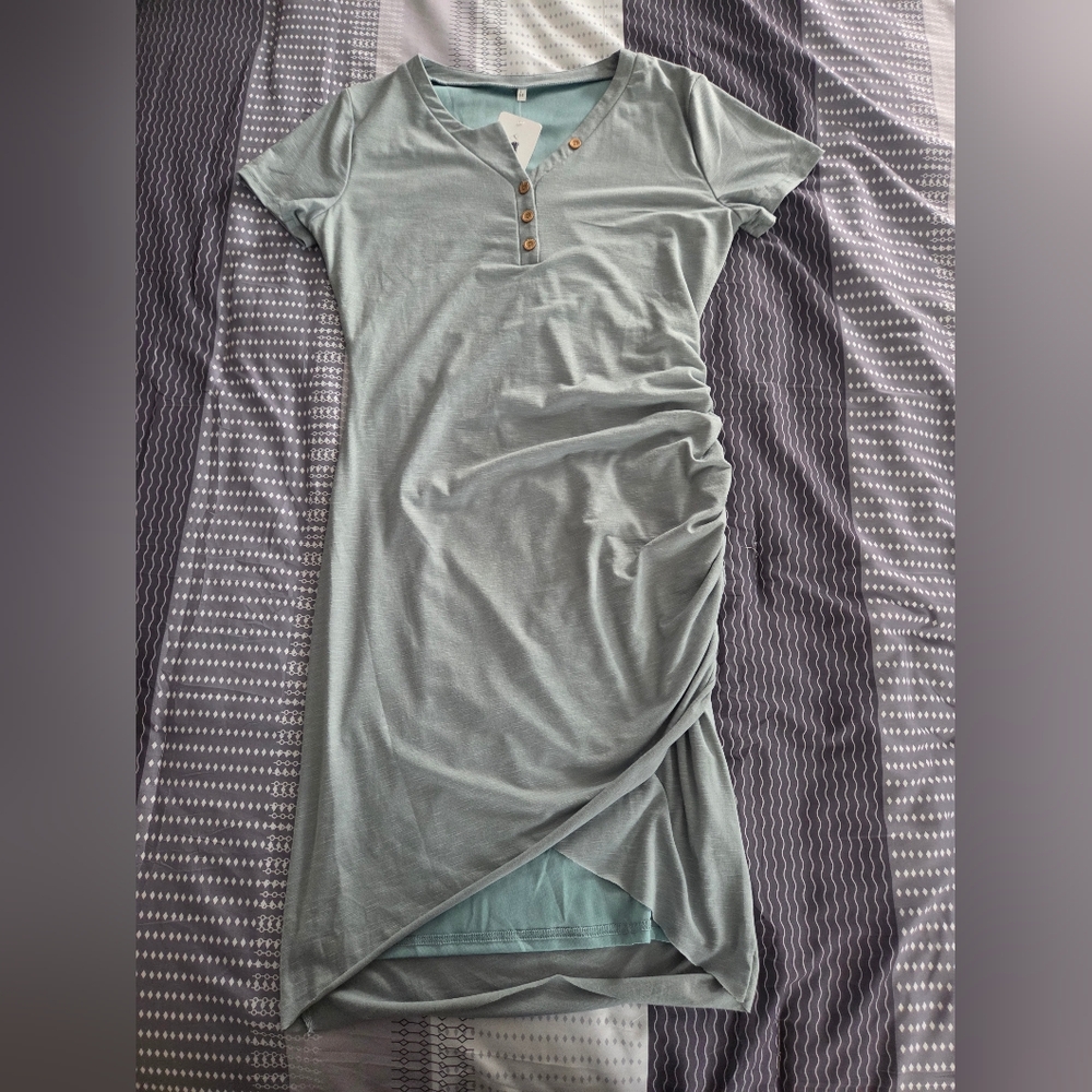 Light Sage Button-Front Ruched T-Shirt Dress